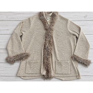 Linda Lundstrom Cardigan Fringed Sequin Trim Open Front Knit Beige Size 18 4287